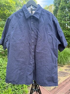 Report Collection Men's Navy Blue Button Down Linen Shirt- Size XXL